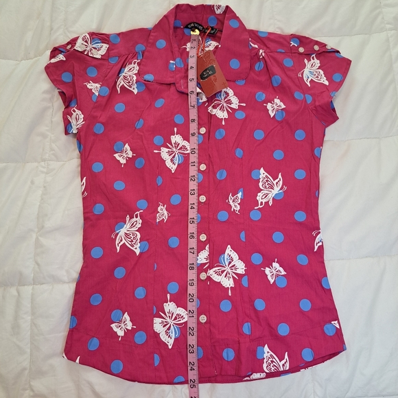 Dead Threads Womens M Shirt Pink Blue Polka Dots Butterfly Girly Button Down - Picture 7 of 11